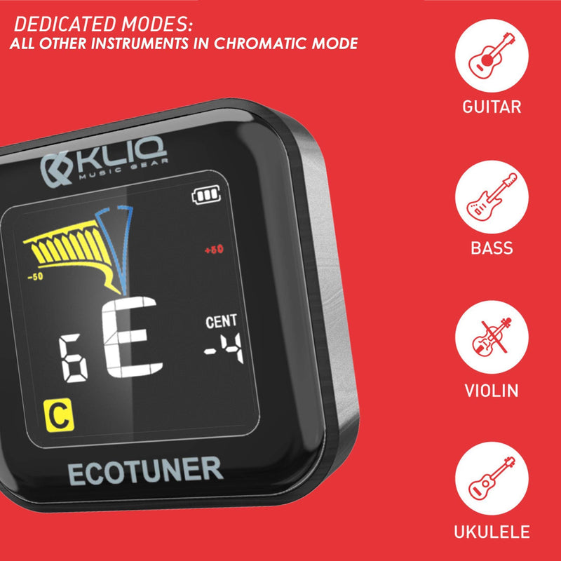 KLIQ EcoTuner - USB Rechargeable Clip-On Tuner (with included charging cable) - with Guitar, Ukulele, Violin, Bass & Chromatic Tuning Modes (also for Mandolin and Banjo)