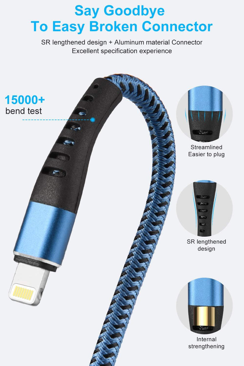 (3 Pack) Apple MFi Certified Lightning Cable 6ft, Essri Long iPhone Charger Strong Nylon Braided Charging Cable 6 Foot, Fast iPhone USB Cord for Apple iPhone11/ X/XS/XR/8/7/6/5S/SE/iPad Mini Air（Blue） 3Pack6Feet Blue