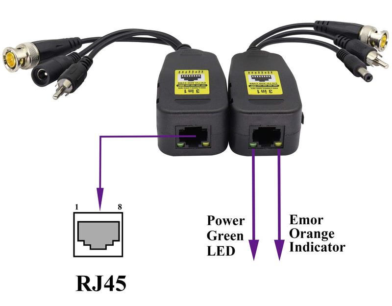 AAOTOKK BNC to RJ45 Transmitter Transceiver DC Power Passive Audio Video Balun HD-CVI/TVI/AHD/CVBS with DC Jack for 720P-1080P 3MP 4MP 5MP 8MP CCTV Security DVR Surveillance Camera System(19cm/4Pairs) 4Pairs