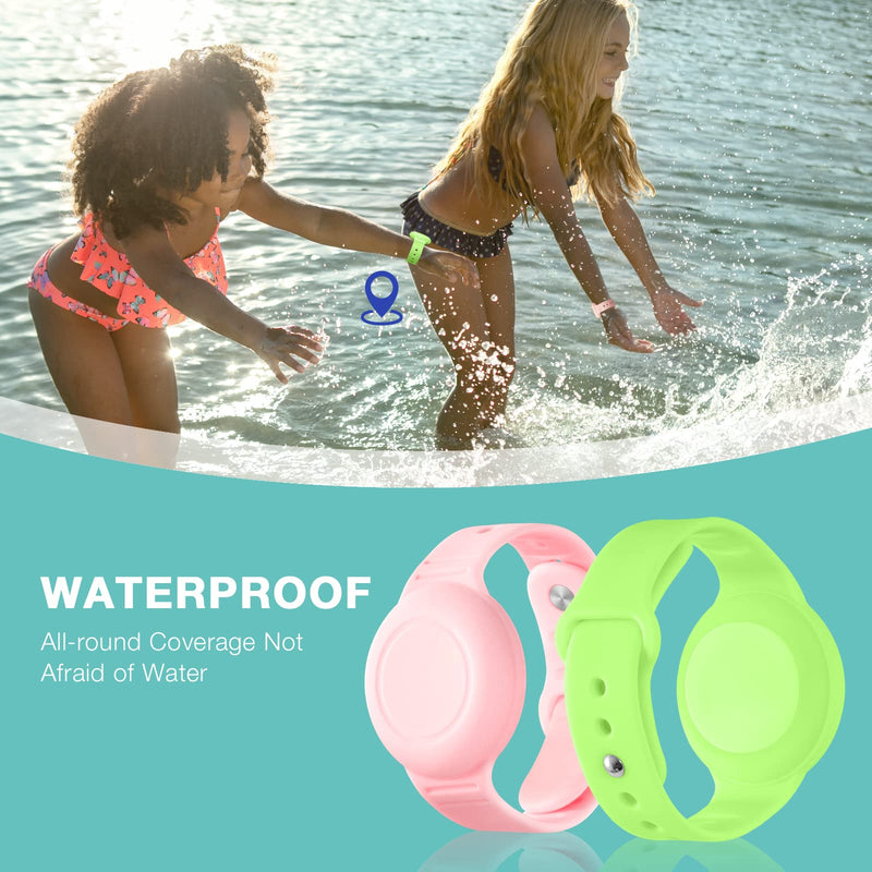 Waterproof Airtag Bracelet for Kids(2 Pack) - Soft Silicone Air tag Wristband Kids Full Case Cover Compatible with Apple Airtag, Lightweight GPS Tracker Holder for Kids (Green/Pink)