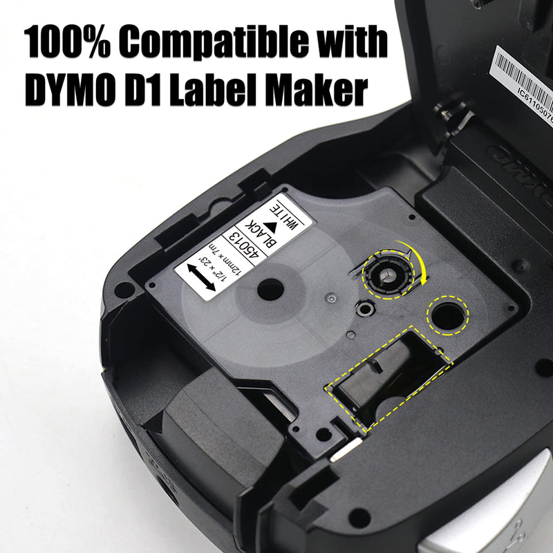 Compatible for Dymo Cassette D1 45031 Label Maker Tape Refills S0720530 1/2 Inch x 23 Feet Black on White for DYMO LabelManager 160 280 210D 360D 420P Wireless PnP 220P 260P 450D Label Maker,5-Pack 5