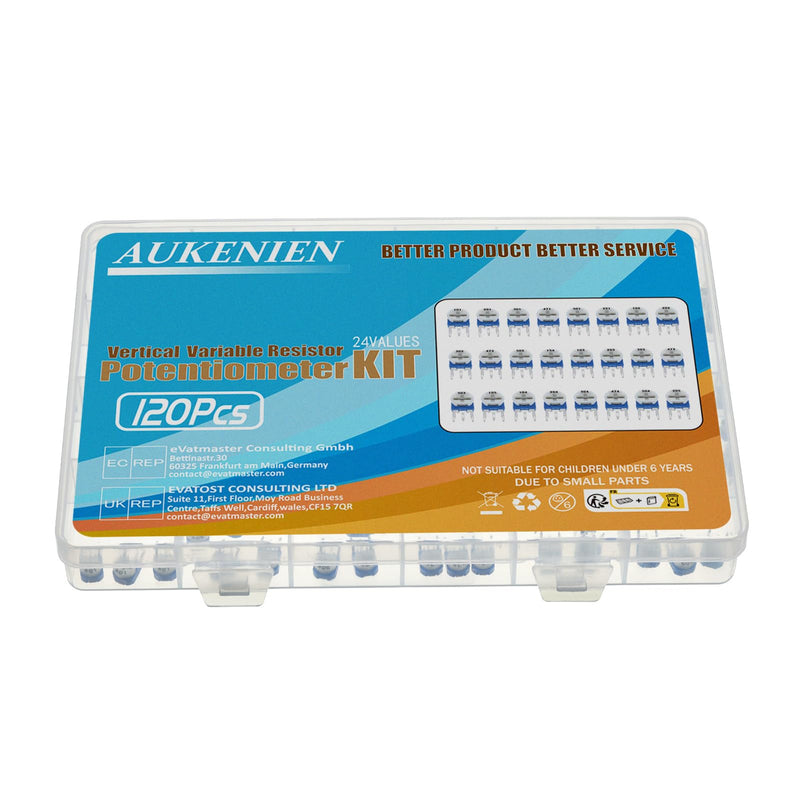 AUKENIEN 24 Values 120 Pieces Trimmer Potentiometer Vertical Variable Resistor 100 200 300 470 500 220 1K 2K 3K 4.7K 5K 150K 10K 20K 30K 47K 50K 100K 200K 300K 470K 500K 1M 2M Ohm Classification Kit V Trimmer Potentiometer Kit