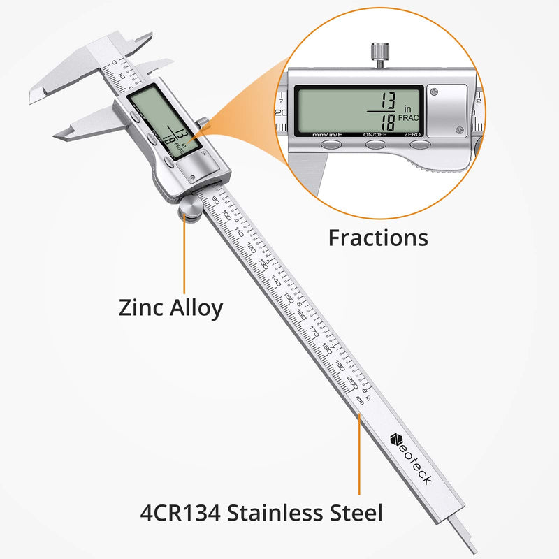 Neoteck 8 inch Digital Caliper, Stainless Electronic Calipers Measuring Tool, Fractions/inch/Millimeter Conversion - [Upgrade]