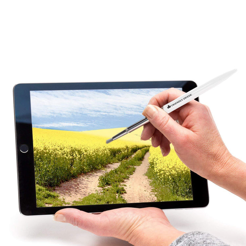 Capacitive 4-in-1 Stylus Pen with Replaceable Brush, Fiber Tip, Precision Disc + Ballpoint Pen in Box, by The Friendly Swede (White) White