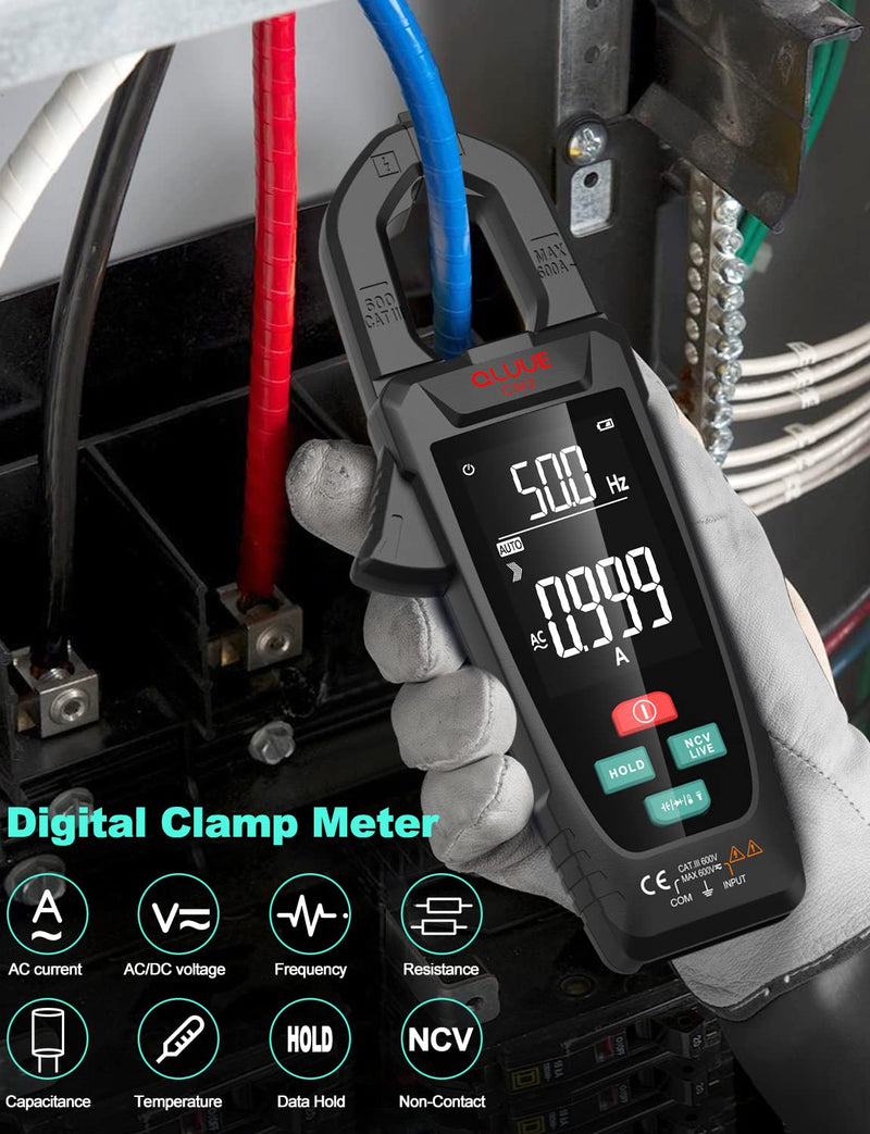 QLUUE Clamp Meter 9999 Counts, Multimeter Measures AC Current, AC/DC Voltage, Temperature, Capacitance, Resistance, Diodes, and Continuity, Voltage Tester with NCV, Auto-ranging, and Carrying Case