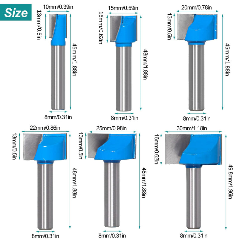 6 pieces shaft floor cleaning cleaning cutter set, cutter for router 8 mm shank, surface end mill for wood, woodworking (10 mm, 15 mm, 20 mm, 22 mm, 25 mm, 30 mm) 1