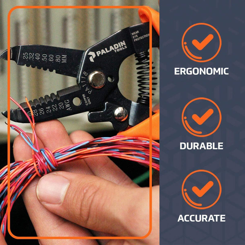 Wire Stripper and Cutter by Paladin Tools - 30-20 AWG Solid and Stranded Wire, Electrician - Spring-Loaded, Locking Handle, Comfortable