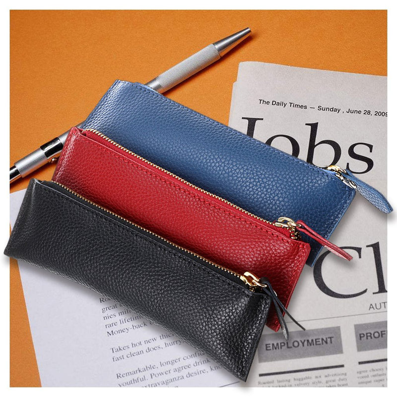 BTSKY Genuine Leather Pencil Case - Zippered Pen Case Stationery Bag Zipper Pouch Pencil Holder (Red) Red