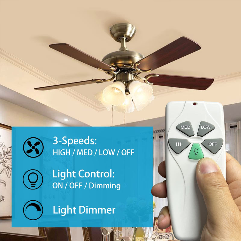 YukiHalu Universal Ceiling Fan Remote Control Kit, 3 Fan Speeds and Light Dimmer, UL Listed