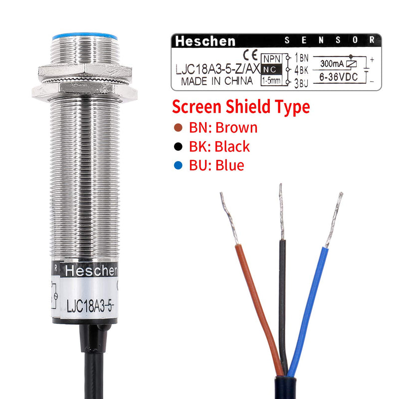 Heschen M18 Capacitive Proximity Sensor Switch Shield Type LJC18A3-5-Z/AX Detection 5mm 10-30VDC 200mA NPN Normally Closed(NC) 3 Wires