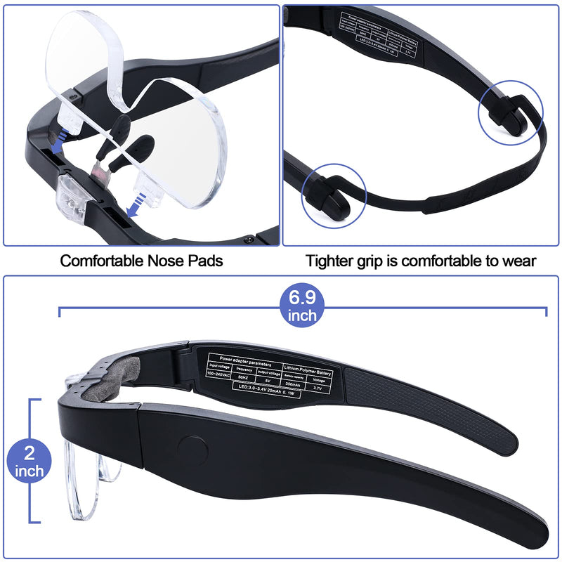 Head Magnifying Glass with Light Rechargeable Headband Magnifier for Close Work Interchangeable Lenses 1.5X 2.5X 3.5X 5X for Jeweler Loupe, Arts and Crafts, Hobby (Black) Black