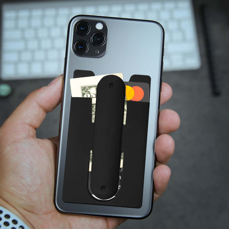 Silicone Phone Card Holder Pocket With Phone Stand, Stick On Wallet, Adhesive Credit Card Pouch, Compatible with iPhone & Samsung Galaxy - Black