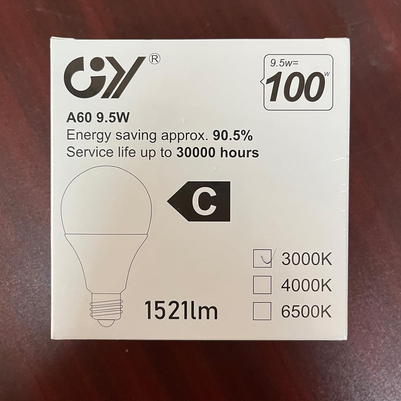 GY E27 LED warm white lamp 9.5W 3000K 1521 lumens warm white bulb, A60 energy saving lamp replaces 100W halogen lamp, non-dimmable LED bulbs, 2 pieces [energy efficiency class C] A60-9.5w3000k 2 pieces