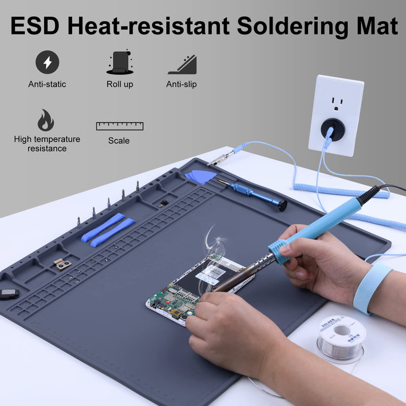 Anti Static Mat for Computer, Laptop, Cellphone, iPad Electronics Repair, HPFIX ESD Mat Soldering Pad Heat Resistant 17.7" x 13.6" Super Large with ESD Wrist Strap and Grounding Cord