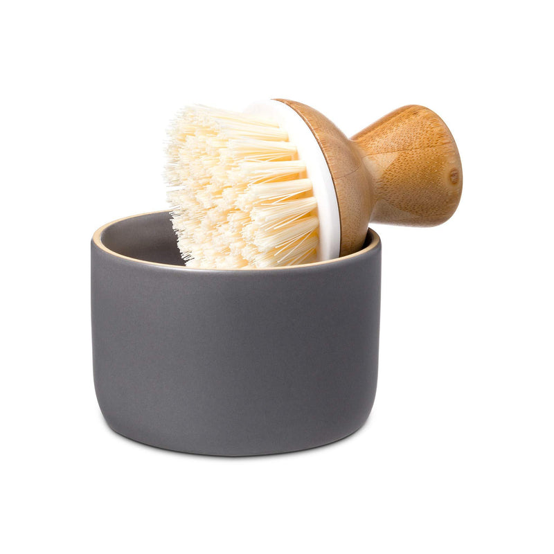 Full Circle Bubble Up Ceramic Soap Dispenser & Bamboo Dish Brush, White/Gray Dish Brush + Dispenser Grey/White