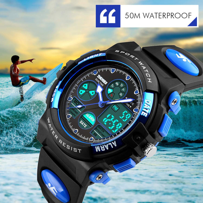 Boys Digital Watch Outdoor Sports 50M Waterproof Electronic Watches Alarm Clock 12/24 H Stopwatch Calendar Wristwatch - Black Blue