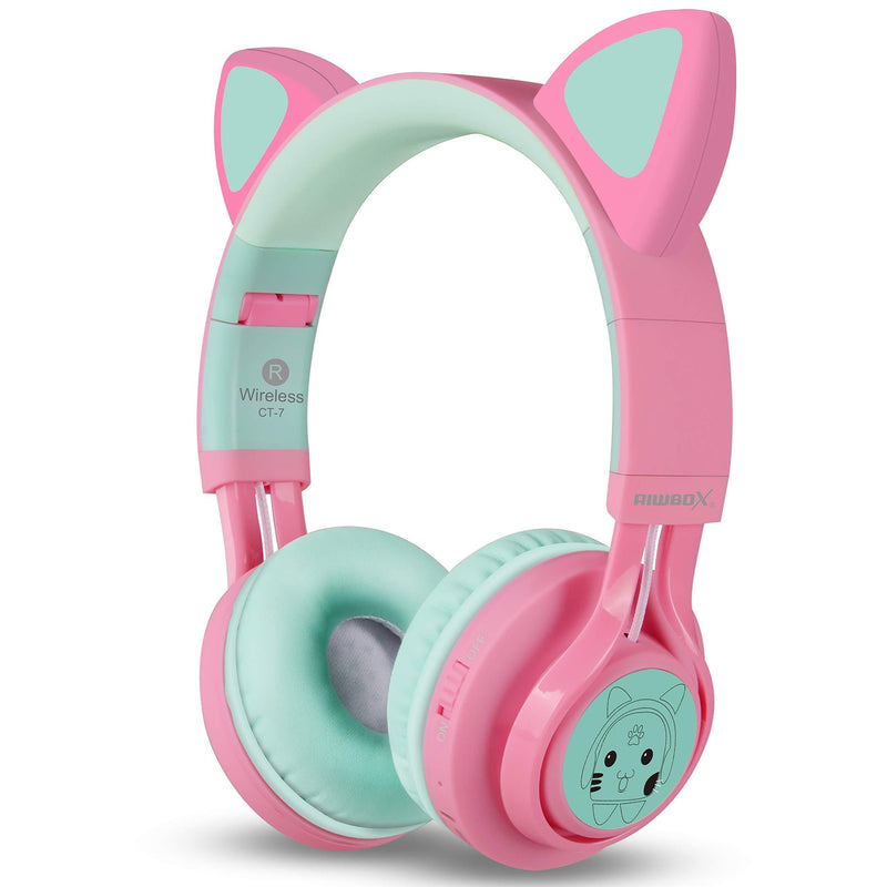 Riwbox Bluetooth Headphones, Riwbox CT-7 Cat Ear LED Light Up Wireless Foldable Headphones Over Ear with Microphone and Volume Control for iPhone/iPad/Smartphones/Laptop/PC/TV (Pink&Green) Pink&Green