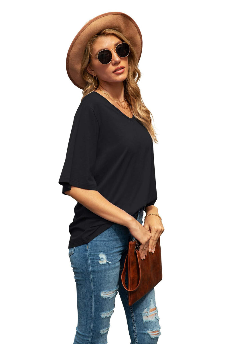 SUEANI Women's Blouse Tops Loose V Neck 3/4 Bell Sleeve Shirt Small A-01- Black