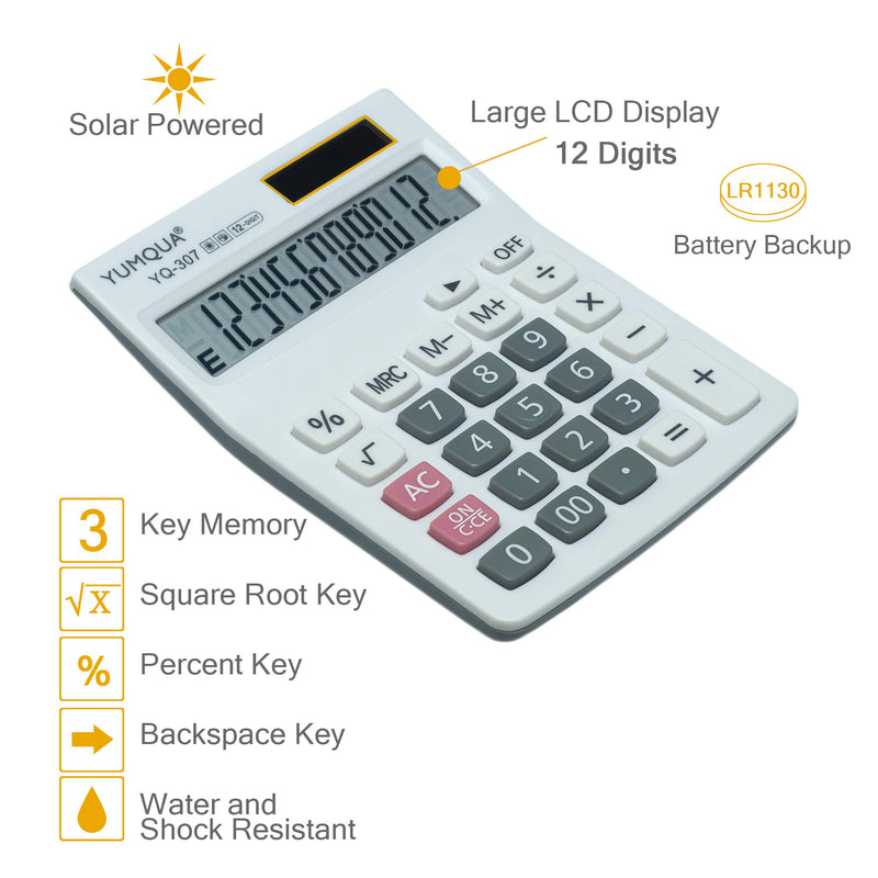 YUMQUA Basic Desktop Calculator 2 Pack, Dual Power Solar Battery Calculator with 12 Digit LCD Display Screen, Daily Office School Use, White+Black White01+Black01