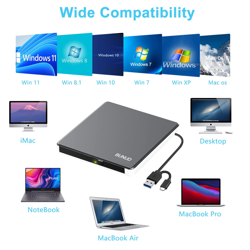External CD DVD Drive USB 3.0 Type C CD/DVD ROM Burner CD DVD +/-RW Optical Disk Drive Reader with 2 USB and TF/SD Slots Slim Portable Writer Player for Laptop Mac MacBook Windows 11 10 PC Linux OS