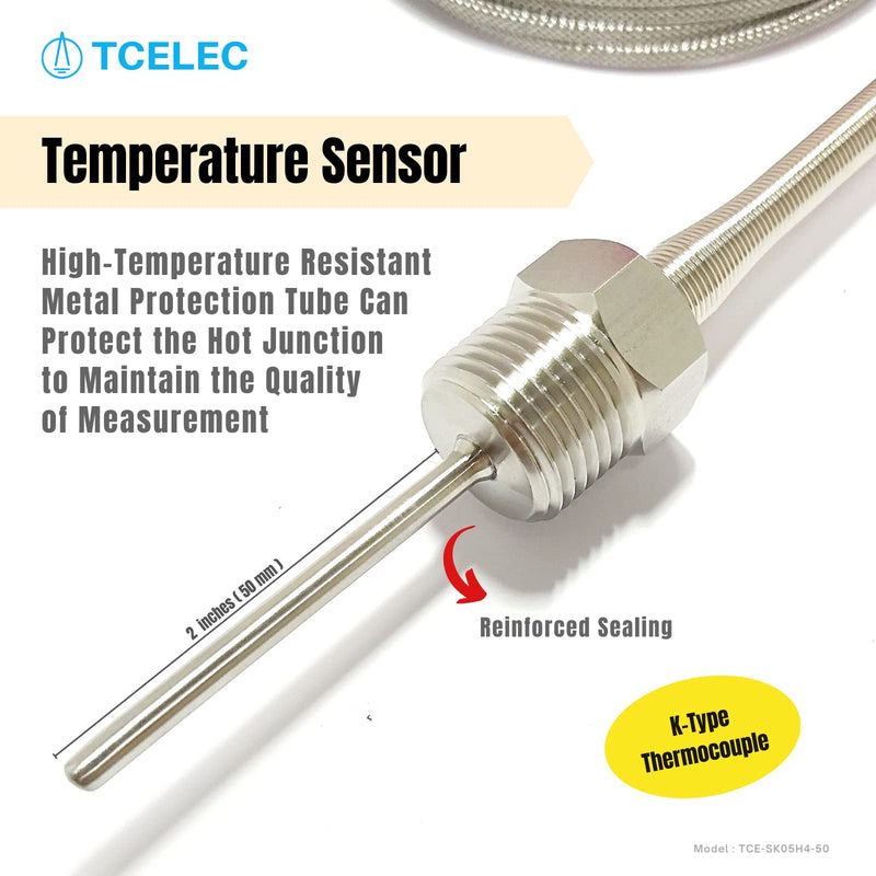 TCELEC TCE-SK05H4-50 K Type Thermocouple Probe for Furnace Oven Meet The 1/2 PT Screw Thread K-Type Input Instrument Thermocouple Thermometer Sensor Temperature Range from 77°F to 1112°F