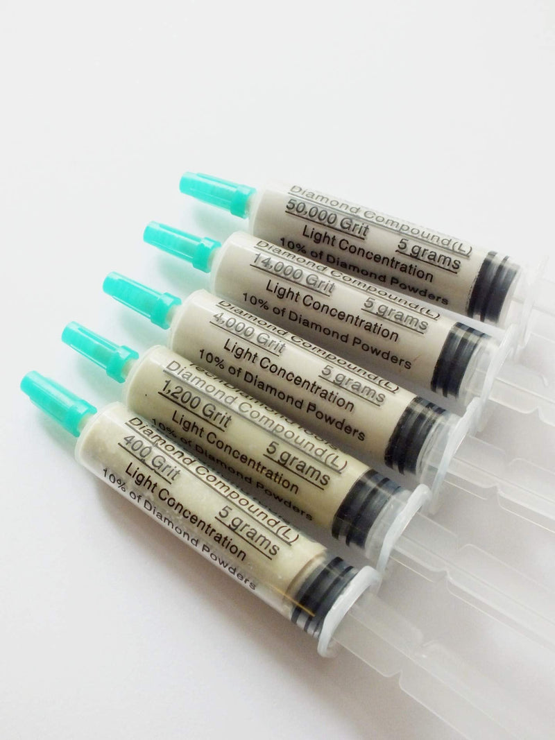 TechDiamondTools Set of 5 Diamond Compound Polishing Paste 400 1200 4000 14000 50000 Grit for Marble Glass Metal Rock Jewelry Resin Silver Gemstone with 10% of Diamond Powder USA Made 50000 14000 4000 1200 400 grit