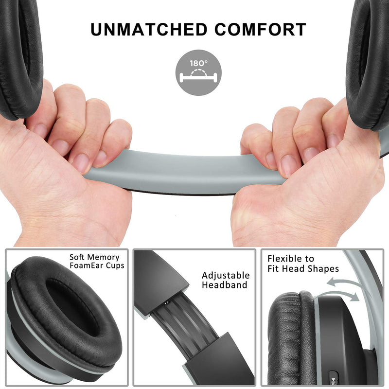 Bluetooth Headphones Over-Ear, Zihnic Foldable Wireless and Wired Stereo Headset Micro SD/TF, FM for Cell Phone,PC,Soft Earmuffs &Light Weight for Prolonged Wearing(Black/Gray) Black Gray