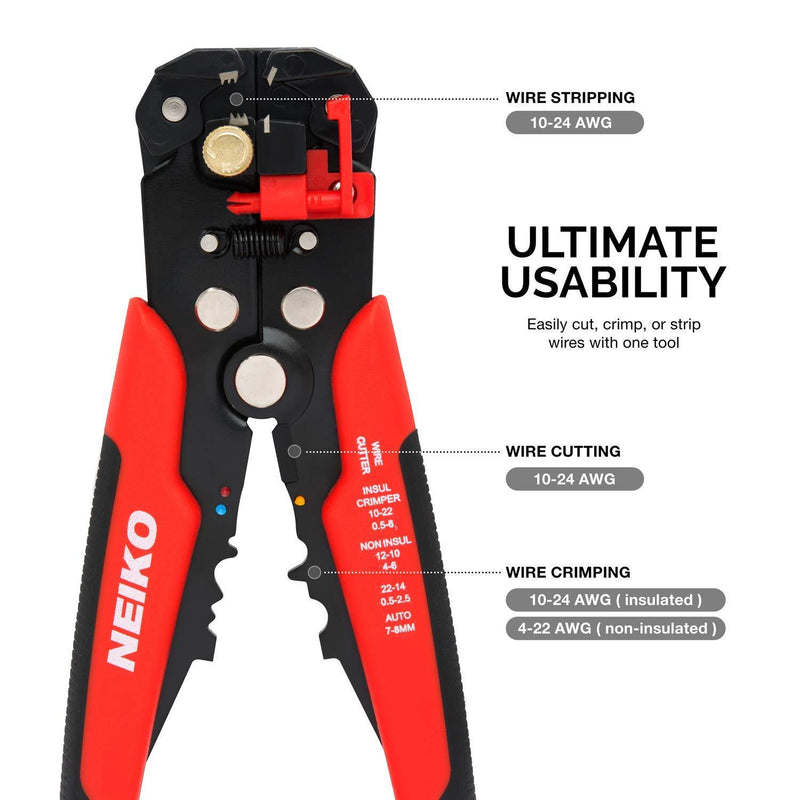 NEIKO 01924A 3-in-1 Automatic Wire Stripper, Cutter and Crimping Tool | Auto Self-Adjusting | Cuts Up to 24 AWG