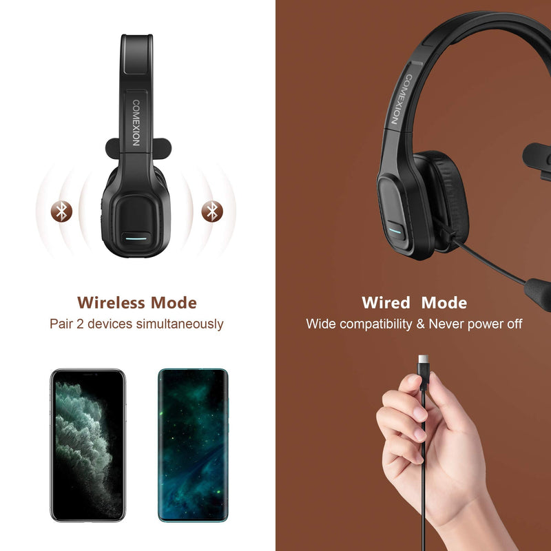 COMEXION Trucker Bluetooth Headset V5.0, Wireless Headset with Noise Canceling&Mute Microphone for Cell Phones, On Ear Bluetooth Headphone with Wireless&Wired Mode for Trucker, Home Office, Skype BH-M100