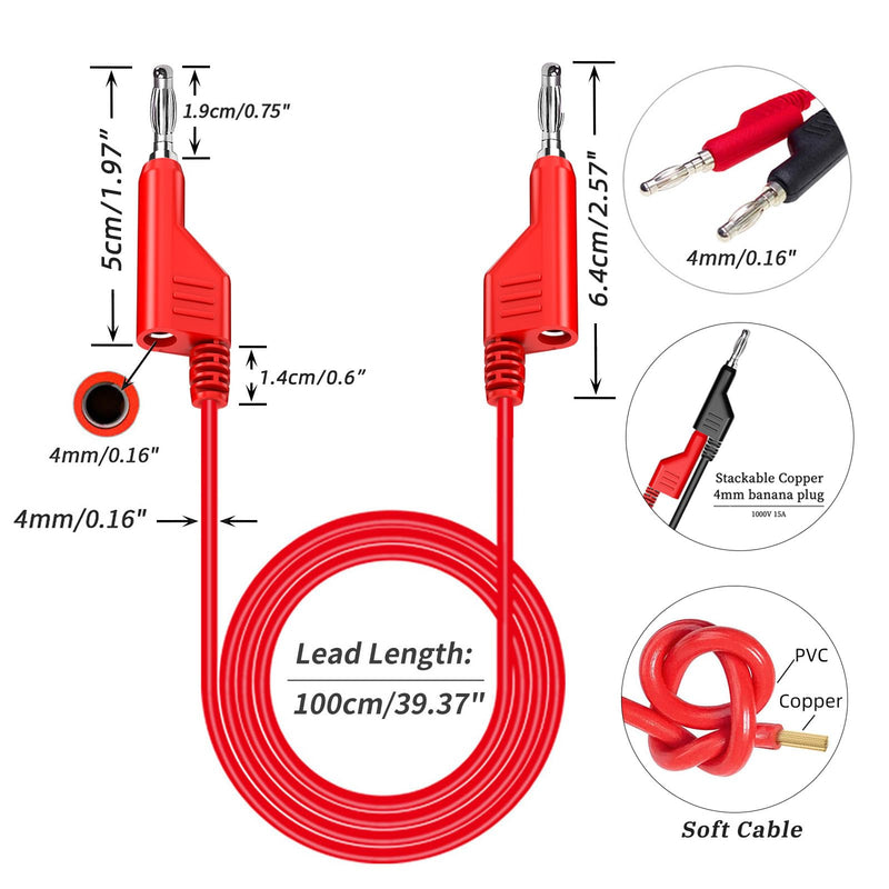 Cleqee 2PCS Multimeter Banana Plug Test Leads, Stackable 4mm Banana to Banana Plug Cable, Soft Electrical Test Cable 1m/3.3ft Wire, 1000V 15A Red Black Stackable Banana Plug Test Leads x2
