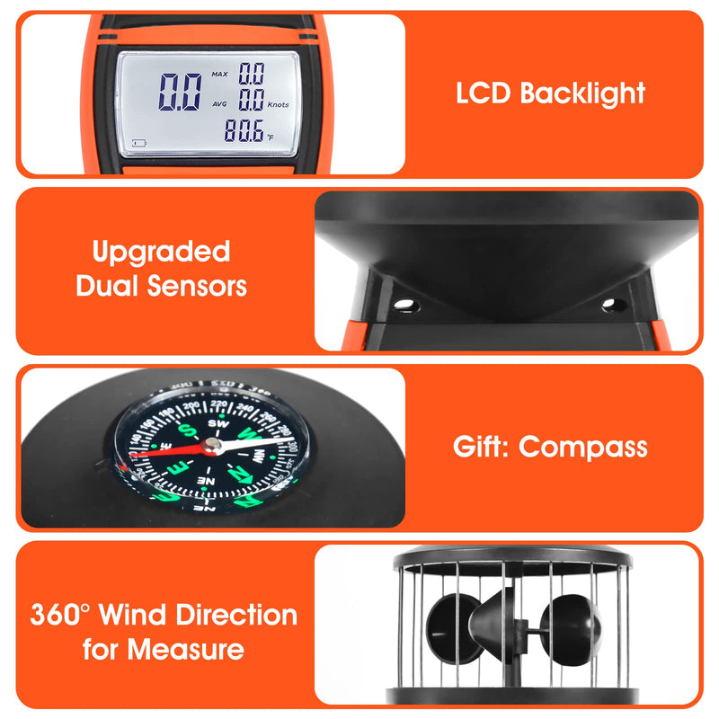 Handheld Anemometer, GR-878 Digital Anemometer Shows Wind Temperature, Air Volume, Wind Speed/Direction with LCD Backlight and Compass for HVAC Weather Monitoring