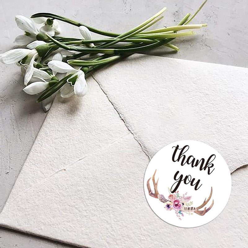 Thank You Stickers, Bohemian Feather Thank You Label Stickers, Chic Floral Label Stickers for Wedding, Company, Small Business, 6 Different Designs, 1.4 Inch, 500 Per Roll.