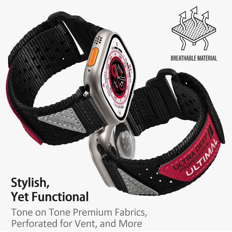 ULTIMAL Band Compatible with Apple Watch 49mm 45mm/44mm/42mm 41mm/40mm/38mm, Tough Breathable Nylon Sports Strap, Hollow Out Design for iWatch Series 8/7/6/5/4/SE/3/2/1/Ultra 45mm/44mm/42mm - L Black