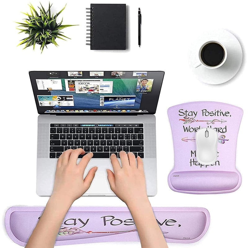 MOSISO Mouse Pad&Keyboard Wrist Rest Support Set, Ergonomic Mousepad Non-Slip Rubber Base Home/Office Pain Relief&Easy Typing Cushion with Neoprene Cloth&Raised Memory Foam, Pink Base Inspiring Words