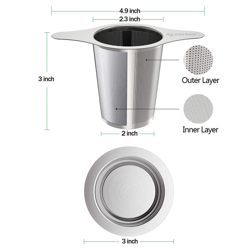 IPOW Upgraded 18/8 Stainless Steel Tea and Coffee Infuser Fine Mesh Filters Tea Strainer Steeper Double Handles for Hanging on Teapots, Mugs, Cups to steep Loose Leaf Tea and Coffee 1 Pack