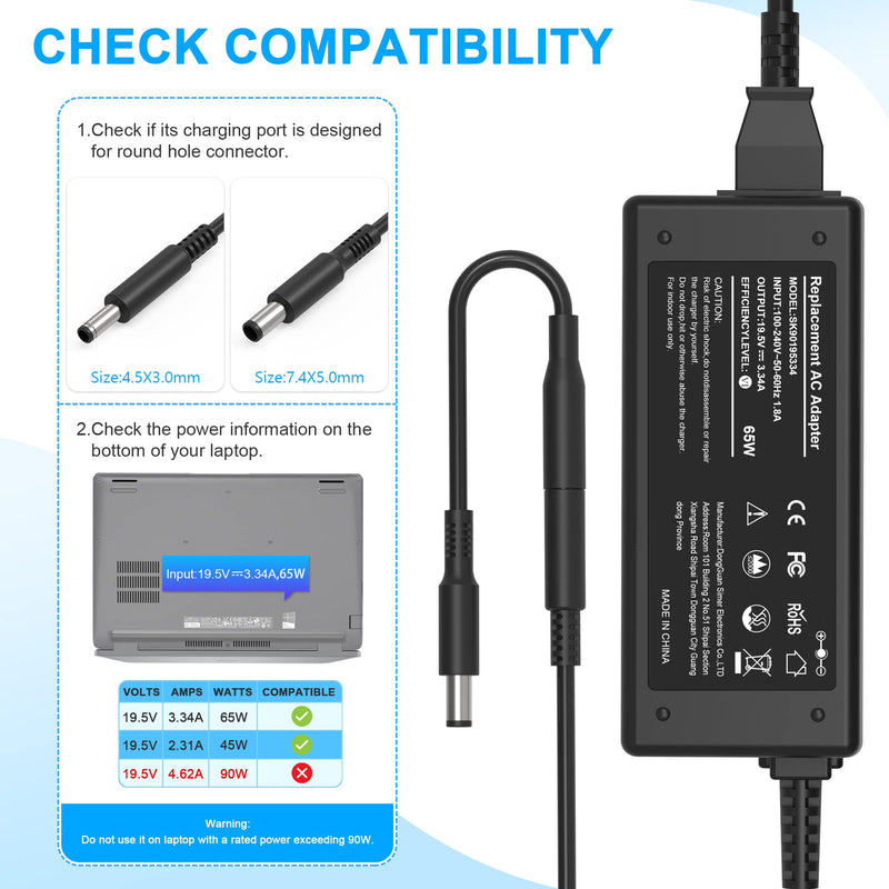 65W&45W 2 Tips Charger for Dell Laptop Charger，Replacement for All 65W/45W Dell inspiron 13 14 15 17 3000 5000 7000 Series laptops Round Connects Chargers（7.4mm and 4.5mm）