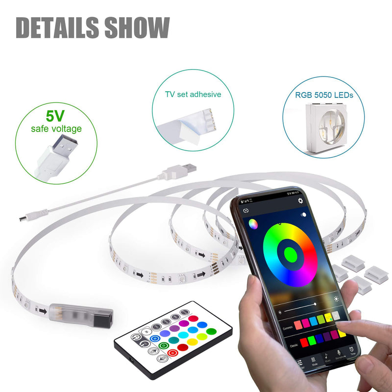 Led Strip Lights, Maylit 8.2 ft Tv Led Backlight for 40-60 inch Tv Bluetooth Control Sync to Music, USB Bias Lighting Tv Led Lights Kit with Remote - RGB 5050 LEDs Color Lights for Room Bedroom 8.2ft