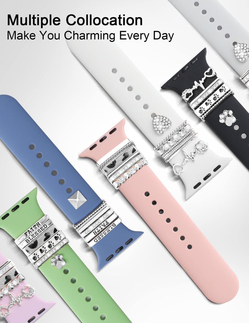 JR.DM 13 Piece Silver Apple Watch Charms With 10-Pcs Decorative Rings Loops & 3-Pcs Classic Clasp, Compatible With Smart Watch 38mm 40mm 41mm 42mm 44mm 45mm Metal Diamond Sliding Strap Accessories for iWatch Series 8 7 6 5 4 3 2 1 (No Watch Band)