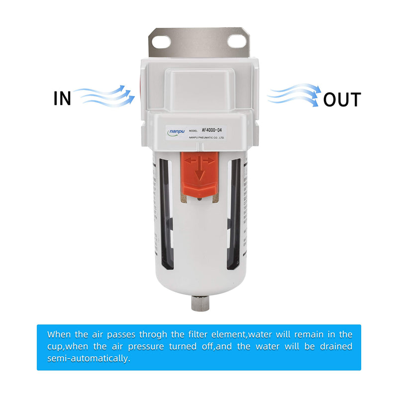 NANPU 1/2" BSP Compressed Air Filter, 5μm Brass Element, Metal Bracket, Poly Bowl, 10 Bar 1/2" BSPP
