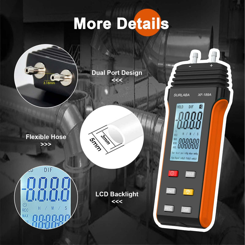 SURLABA Digital Pressure Gauge, Differential Pressure Gauge Measuring Range 6PSI, Gas Pressure Gauge with 11 Units, Differential Pressure Gauge for Differential Pressure of 1-2 Pipes, Ventilation, HVAC XF-189A (6Psi)