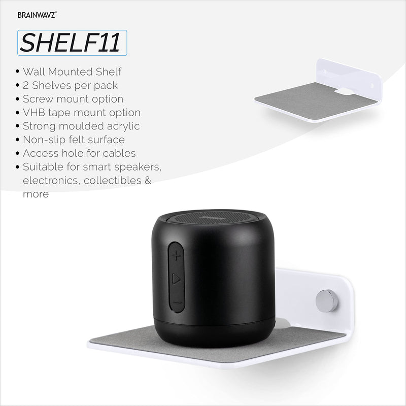 2-Pack 4â€ Small Floating Shelf Bluetooth Speaker Stand, Adhesive & Screw Wall Mount, Anti Slip, for Cameras, Baby Monitors, Webcam, Router & More, Universal Holder by Brainwavz (SHELF11 White)