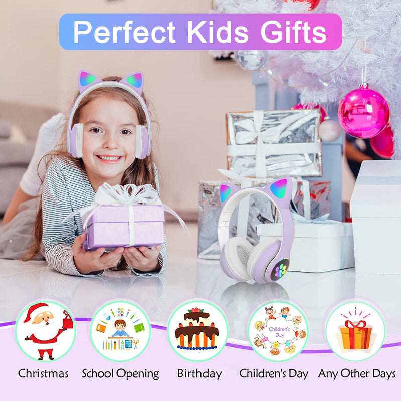 Kids Headphones, TOKANI Bluetooth Wireless Headphones for Kids Teens Adults, Over-Ear Bluetooth Headphones with Microphone, Cat Ear Headphones for Girls Women (Purple)