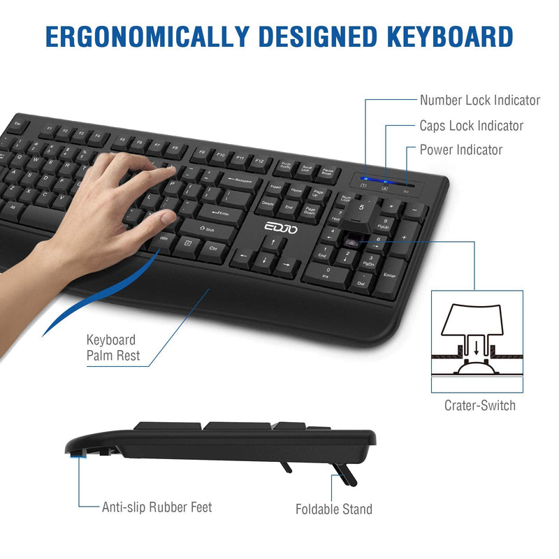 Wireless Keyboard and Mouse Combo, EDJO 2.4G Full-Sized Ergonomic Computer Keyboard with Wrist Rest and 3 Level DPI Adjustable Wireless Mouse for Windows, Mac OS Desktop/Laptop/PC black