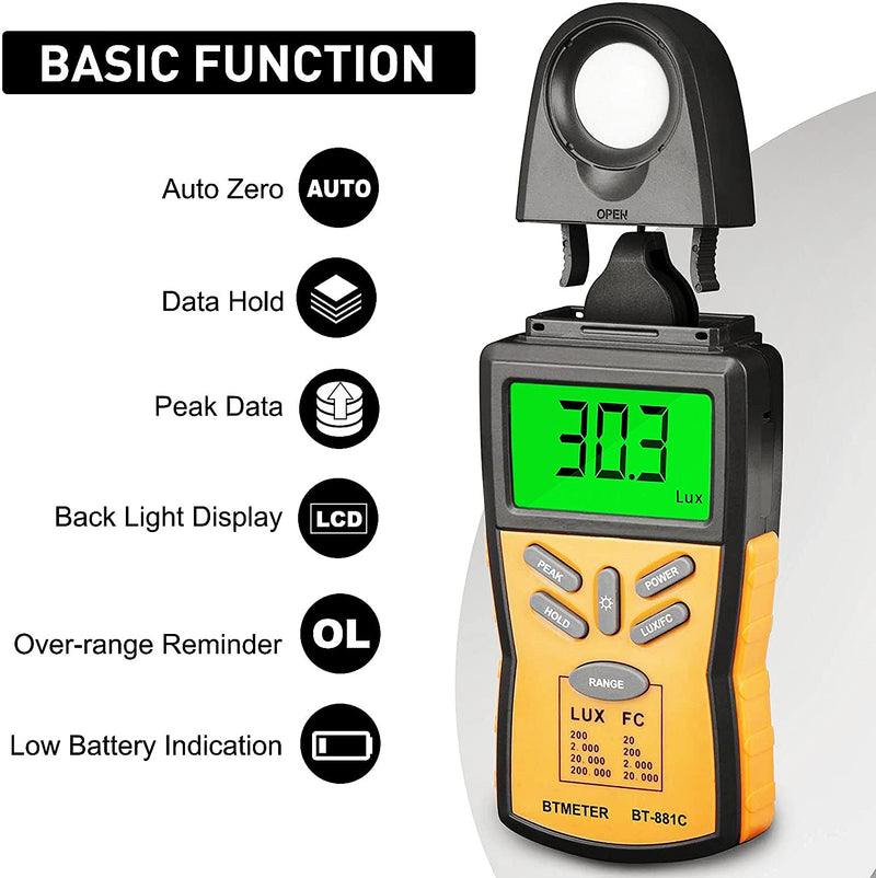 BTMETER Digital Illuminance Light Meter BT-881C,Lumen/FC Photometer,Luxmeter Sensor Measure 0.1~200000 Lux (0.01~20000FC) Lights,Bright Tester for Photography, Plant, Foot Candle
