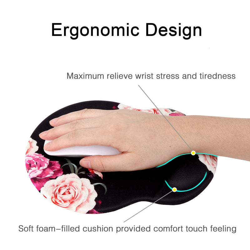 Ergonomic Mouse Pad with Gel Wrist Rest Support, iLeadon Non-Slip Rubber Base Wrist Rest Pad for Home, Office Easy Typing & Pain Relief, Adorable Peony Flower