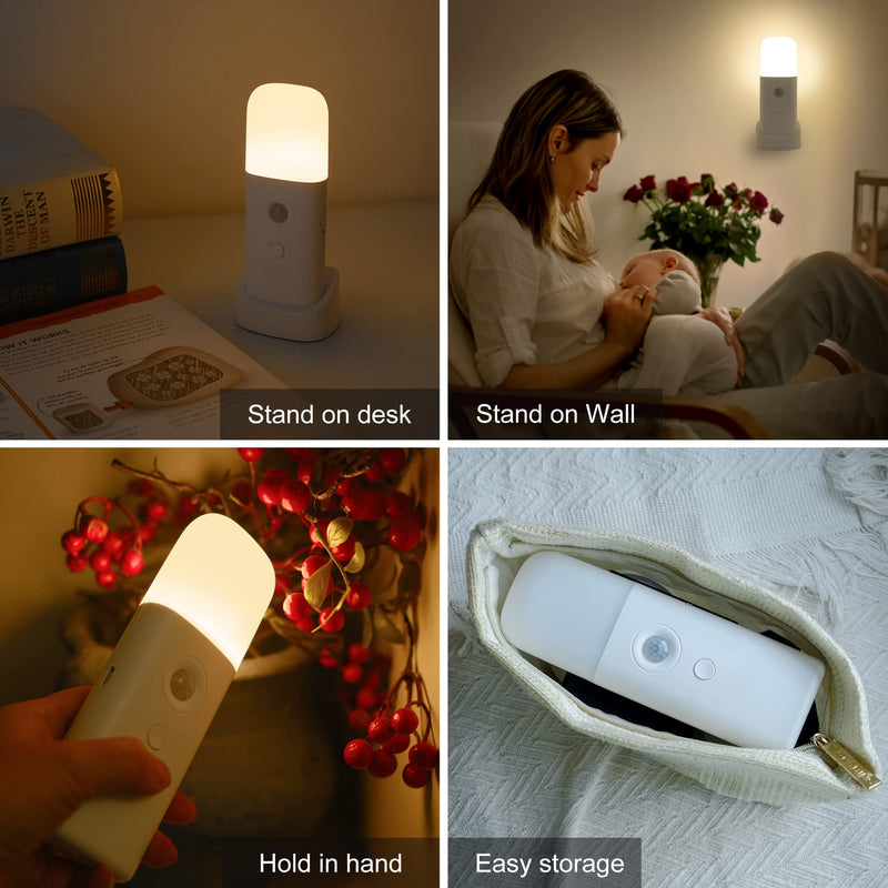 CREWEEL Motion Sensor Night light, Dimmable Night Lights with 5 Brightness Levels, 2000mAh Rechargeable Battery Operated Light, Portable Motion Sensor Light for Kids Room, Bedroom, Hallway(Warm Light) One Pack Warm White