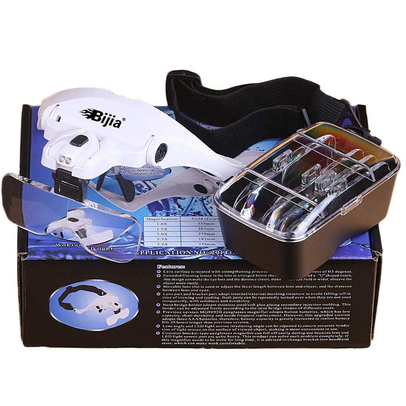 BIJIA Upgraded Version Headband Interchangeable(1.0X, 1.5X, 2.0X, 2.5X, 3.5X) Magnifying Glass with LED Lights for Close Work and Eyelash Extensions 9892B2:3AAA battery