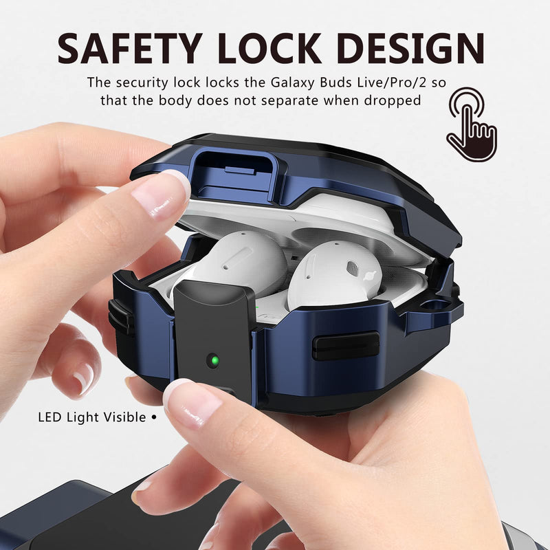 (with Security Lock) Armor Case Cover for Samsung Galaxy Buds Pro Case/ Galaxy Buds Live Case / Galaxy Buds 2 Case Cover Hard PC Shockproof Case Cover with Keychain/Straps/Cleaning Brush. (Blue) Blue