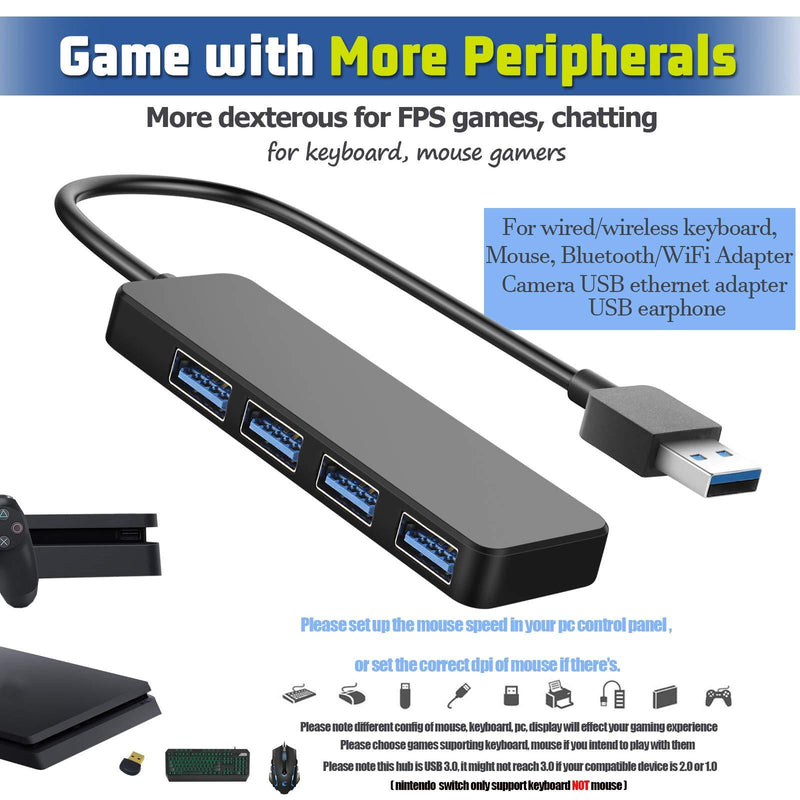 4-Port USB Hub 3.0, T-Sound USB Splitter for Laptop, Ps4 Keyboard and Mouse Adapter for Dell, Asus, HP, MacBook Air, Surface Pro, Acer, Xbox, Flash Drive, HDD, Console, Printer, Camera