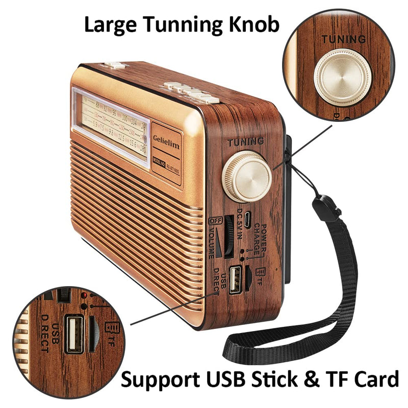 Retro Radio AM FM Shortwave with Bluetooth Speaker, Battery Operated Vintage Radio with Flashlight, Portable Radio with Solar Panel/Aux/USB/TF Card/Input